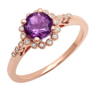 10K Rose Gold 6 MM Round Amethyst & White Diamond Ladies Bridal Engagement Ring