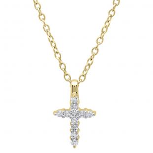 0.15 Carat (ctw) 14K Yellow Gold Round White Diamond Ladies Cross Pendant (Gold Chain Included)