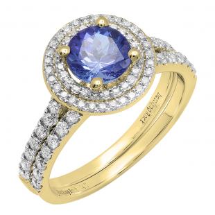 10K Yellow Gold 6.5 MM Round Tanzanite & White Diamond Ladies Halo Bridal Engagement Ring Set