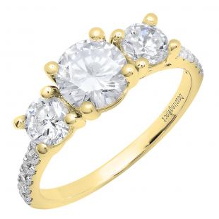 3.60 Carat (ctw) 14K Yellow Gold Round White Cubic Zirconia Ladies 3 Stone Bridal Engagement Ring