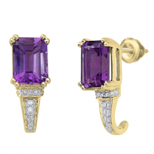 14K Yellow Gold 8X6 MM Each Emerald Shape Amethyst & Round Diamond Ladies J Shape Stud Earrings