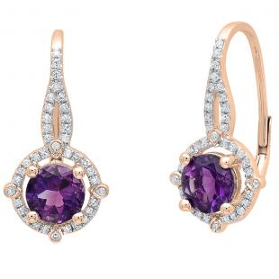 14K Rose Gold 6 MM Each Round Amethyst & White Diamond Ladies Halo Style Dangling Earrings