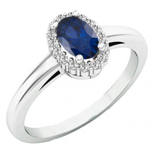 14K White Gold 6X4 MM Oval Blue Sapphire & Round Diamond Ladies Halo Engagement Ring