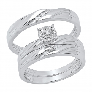 0.13 Carat (ctw) Sterling Silver Round White Diamond Men & Women's Engagement Ring Trio Bridal Set