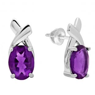 Sterling Silver 6X8 MM Oval Amethyst Ladies Stud Drop Earrings