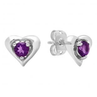Sterling Silver 4 MM Round Amethyst Ladies Heart Stud Earrings