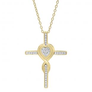0.20 Carat (ctw) 10K Yellow Gold Round Diamond Cross & Heart Pendant 1/5 CT (Gold Chain Included)