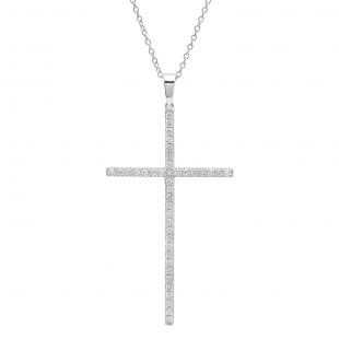 0.90 Carat (ctw) 14K White Gold Round Diamond Ladies Cross Pendant (Silver Chain Included)