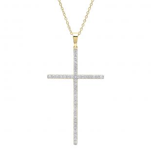 0.90 Carat (ctw) 10K Yellow Gold Round Diamond Ladies Cross Pendant (Gold Chain Included)