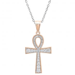 0.50 Carat (ctw) 18K Rose Gold Round Diamond Ankh Cross Pendant 1/2 CT (Silver Chain Included)
