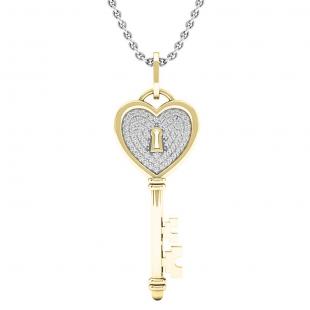 0.20 Carat (ctw) 18K Yellow Gold Round Diamond Heart Key Pendant 1/5 CT (Silver Chain Included)