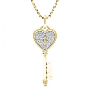 0.20 Carat (ctw) 10K Yellow Gold Round Diamond Heart Key Pendant 1/5 CT (Gold Chain Included)