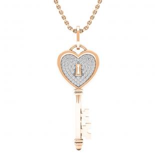 0.20 Carat (ctw) 14K Rose Gold Round Diamond Heart Key Pendant 1/5 CT (Gold Chain Included)