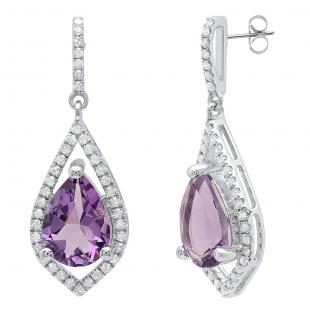 Sterling Silver 10X7 MM Pear Amethyst & Round Diamond Ladies Dangling Drop Earrings