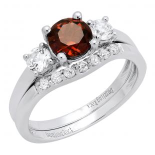 18K White Gold 6 MM Round Garnet White Sapphire & Diamond Ladies Engagement Ring Set