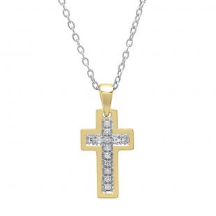 0.10 Carat (ctw) 10K Yellow Gold Round Diamond Ladies Cross Pendant 1/10 CT (Silver Chain Included)