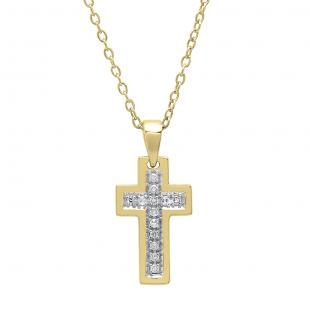 0.10 Carat (ctw) 10K Yellow Gold Round Diamond Ladies Cross Pendant 1/10 CT (Gold Chain Included)