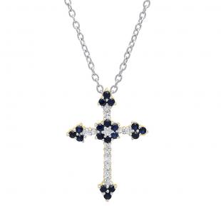 10K Yellow Gold Round Blue Sapphire & Diamond Ladies Floral Cross Pendant (Silver Chain Included)