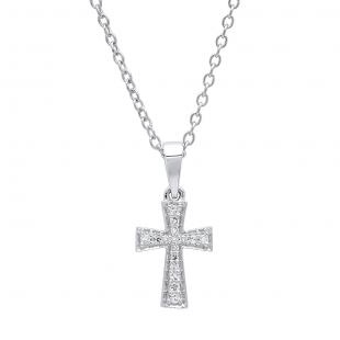 0.07 Carat (ctw) 10K White Gold Round White Diamond Ladies Cross Pendant (Silver Chain Included)