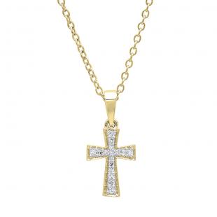 0.07 Carat (ctw) 10K Yellow Gold Round White Diamond Ladies Cross Pendant (Gold Chain Included)