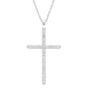 0.90 Carat (ctw) 10K White Gold Round White Diamond Ladies Cross Pendant (Gold Chain Included)