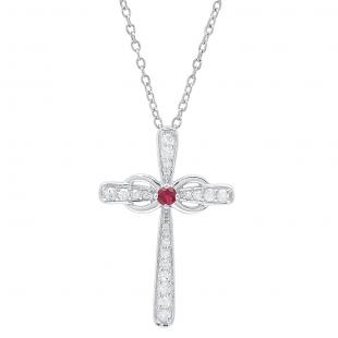 Sterling Silver Round Ruby & Diamond Infinity Cross Pendant (Silver Chain Included)