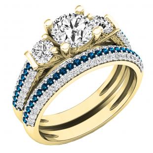 10K Yellow Gold Round White Sapphire Blue & White Diamond Bridal Engagement Ring Set