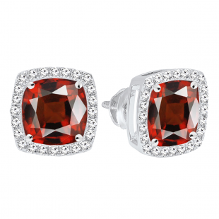 6.50mm Cushion Garnet & 0.20 CT Round Diamond Halo Removable Jacket Screw Back Stud Earrings for Women in 10K White Gold
