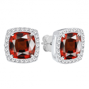 6.50mm Cushion Garnet & 0.20 CT Round Diamond Halo Removable Jacket Push Back Stud Earrings for Women in 10K White Gold
