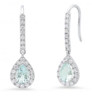 14K White Gold 7X5 MM Each Pear Aquamarine & Round Diamond Ladies Dangling Drop Earrings