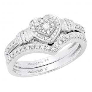 0.30 Carat (ctw) Sterling Silver Round & Baguette Diamond Heart Shaped Engagement Ring Set 1/3 CT