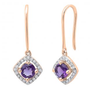 14K Rose Gold 5 MM Each Round Amethyst & White Diamond Ladies Halo Dangling Drop Earrings