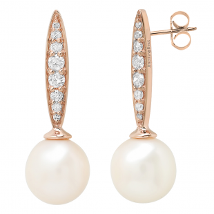10K Rose Gold 8 MM Each Round White Freshwater Pearls & Diamond Ladies Drop Earrings