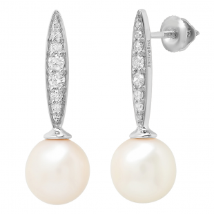 14K White Gold 8 MM Each Round White Freshwater Pearls & Diamond Ladies Drop Earrings