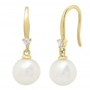 14K Yellow Gold 8 MM Each Round White Freshwater Pearls & Diamond Ladies Drop Earrings