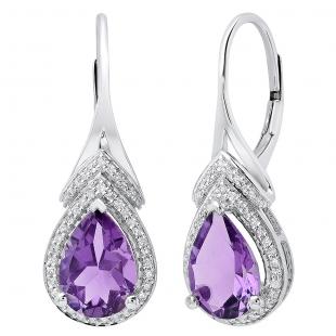 14K White Gold 10X7 MM Each Pear Amethyst & Round Diamond Ladies Drop Earrings
