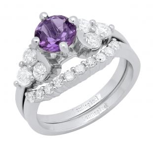 10K White Gold 6.5 MM Round Amethyst & White Diamond Ladies Bridal Engagement Ring Set