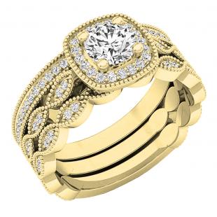 0.85 Carat (ctw) 10K Yellow Gold Round White Diamond Ladies Engagement Ring With Double Band Set