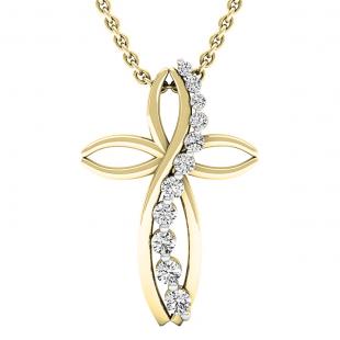 0.35 Carat (ctw) 10K Yellow Gold Round Diamond Ladies Journey & Cross Pendant 1/3 CT