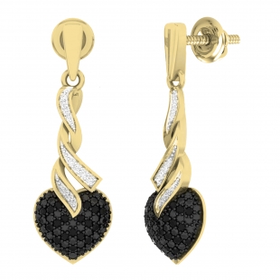 0.25 Cttw Round Black & White Natural Diamond Heart Screw Back Dangling Drop Earrings for Women in 18K Yellow Gold