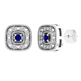 Sterling Silver 1.7 MM Round Blue Sapphire & White Diamond Ladies Square Frame Halo Stud Earrings