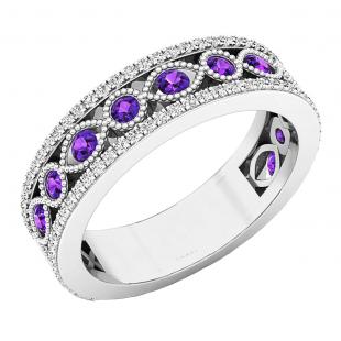 10K White Gold Round Amethyst & White Diamond Ladies Vintage Stackable Wedding Band