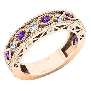 14K Rose Gold Round Amethyst & White Diamond Ladies Vintage Stackable Wedding Band