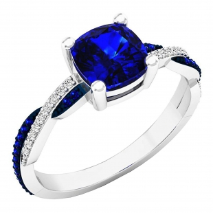 10K White Gold 6 MM Cushion & Round Blue Sapphire & Diamond Ladies Swirl Engagement Ring