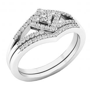 0.25 Carat (ctw) Sterling Silver Princess & Round Diamond Ladies Split Shank Engagement Ring Set