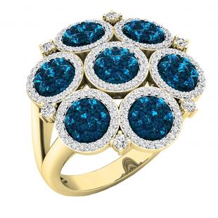 1.30 Carat (ctw) 10K Yellow Gold Round Blue & White Diamond Ladies Cluster Flower Ring