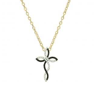 0.30 Carat (ctw) 18K Yellow Gold Round Black & White Diamond Ladies Twist Cross Pendant