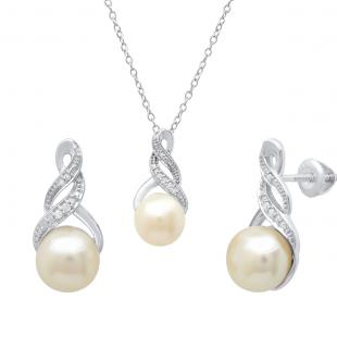 Sterling Silver Round Freshwater Pearl & Diamond Accent Ladies Stud Earring & Pendant Set