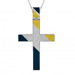 1.85 Carat (ctw) Sterling Silver BlueWhite & Yellow Diamond Mens Hip Hop Religious Cross Pendant