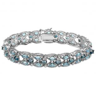 Sterling Silver Round & Oval White & Blue Topaz Ladies Tennis Bracelet